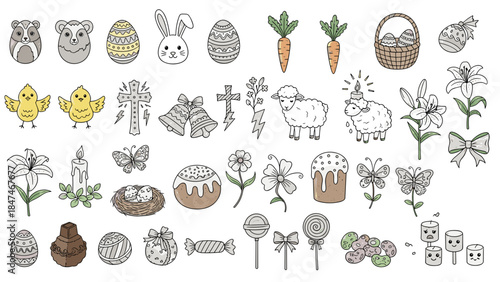Easter icons set with cartoon characters and symbols