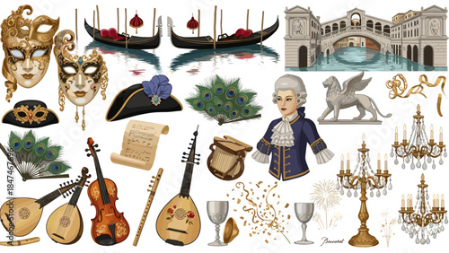 Venetian carnival masks, gondolas, and baroque elements