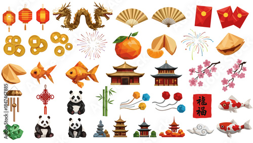 Chinese new year icons set with traditional symbols