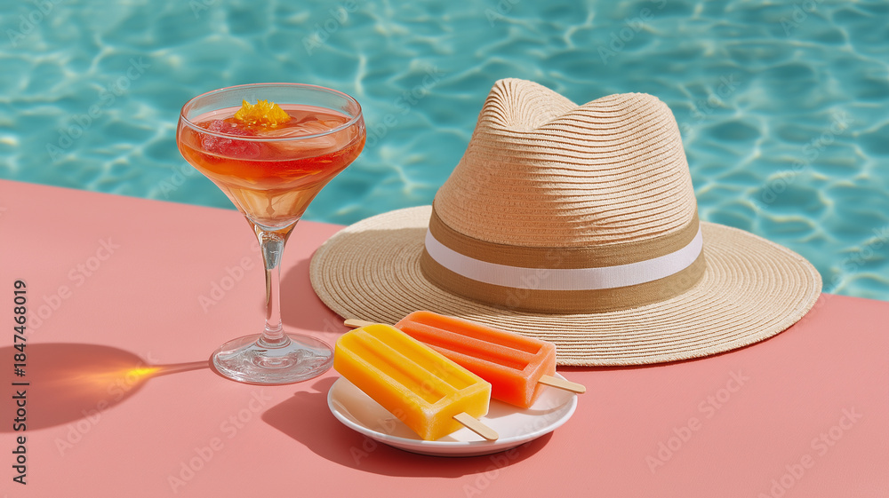 Obraz premium Colorful frozen pops and a chilled drink await by the pool under a radiant sun Generative AI