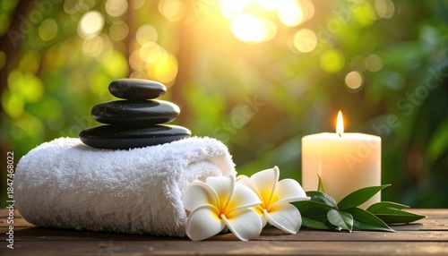 Spa Concept - Massage Stones With Towels And Candles In Natural Background