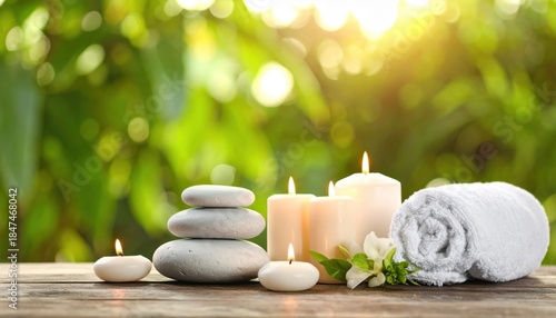 Spa Concept - Massage Stones With Towels And Candles In Natural Background