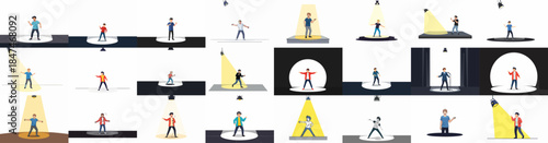Collection of flat vector illustrations featuring men performing or speaking on various stages, intensely illuminated by bright yellow spotlights.