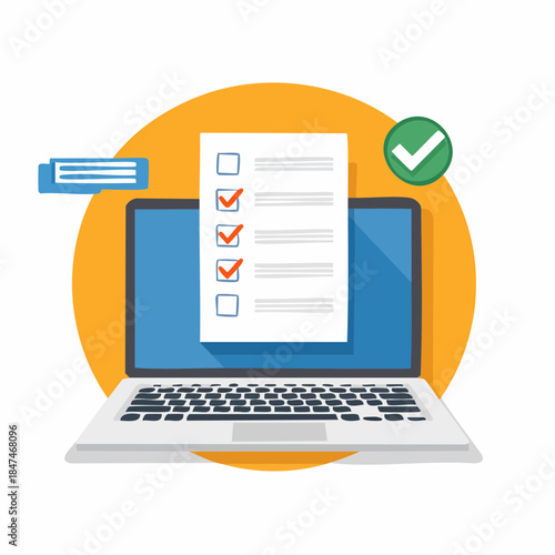 Flat lay illustration of a laptop with a checklist on the screen, a green checkmark, and a blue document on a yellow circle background.