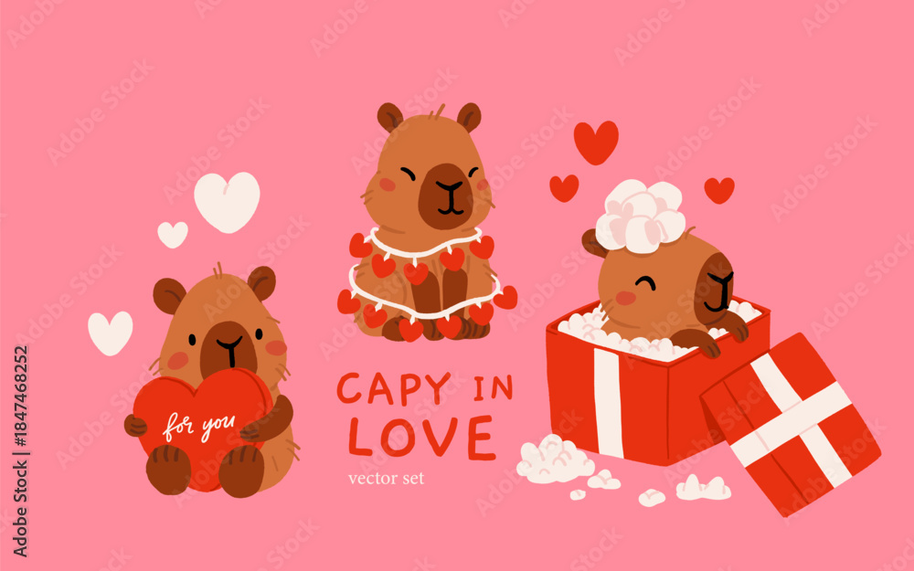 Obraz premium Cute Valentines Day capybara clipart set with heart balloons, romantic letters, capybara in gift box, kawaii animals with hearts, love messages and presents, characters for cards, stickers and print