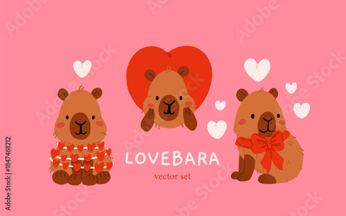 Cute Valentines Day capybara clipart set with heart balloons, romantic letters, capybara in gift box, kawaii animals with hearts, love messages and presents, characters for cards, stickers and print © tanyabosyk