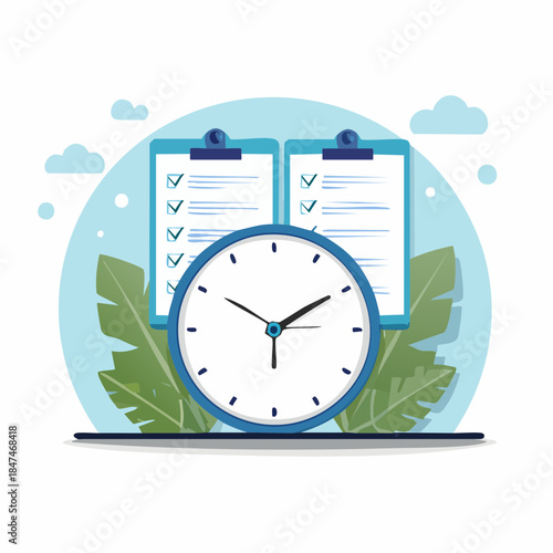 Illustration of a clock with checklists on clipboards and green leaves on a laptop against a light blue background with clouds.