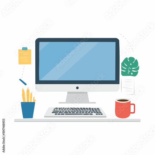 Flat lay illustration of a computer workspace with office supplies on a white desk against a clean white background with a minimalist and organized mood.