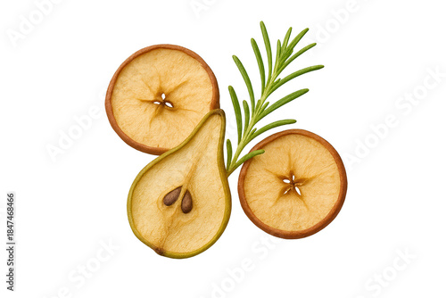 Dried apple rings with pear slice and rosemary sprig for garnish
