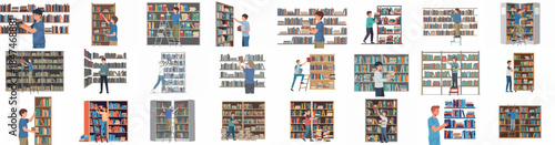 Vector illustrations of people selecting, stocking, and organizing books on tall library bookshelves, representing education, knowledge, and learning activities.