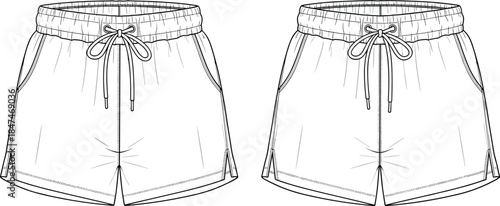 Shorts technical sketch, elastic waistband, drawstring detail, fashion CAD, side pockets, curved hem, cad drawing flat vector illustration