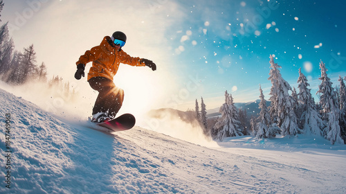 Snowboarder slides at ski slope. Man snowboarder riding on slope.