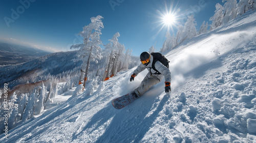 Snowboarder slides at ski slope. Man snowboarder riding on slope.