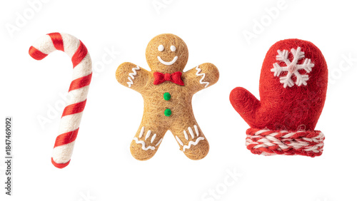 Handmade Wool Felt Gingerbread Man and Candy Cane Ornaments