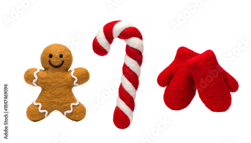 Handmade Wool Felt Gingerbread Man and Candy Cane Ornaments