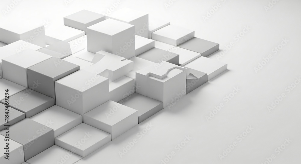 Fototapeta premium Geometric arrangement of white and gray cubes creating abstract 3D patterns and shapes
