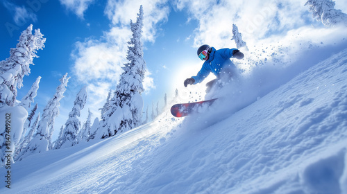 Snowboarder slides at ski slope. Man snowboarder riding on slope.