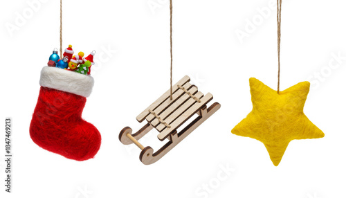 Red Stocking and Sled Needle Felt Christmas Decoration Set