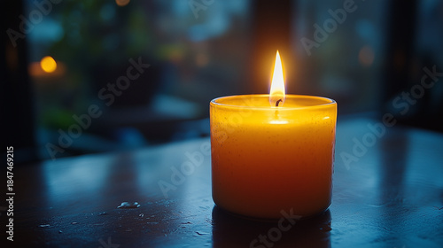 Yellow candle light burn against black background. Golden light of candle flame