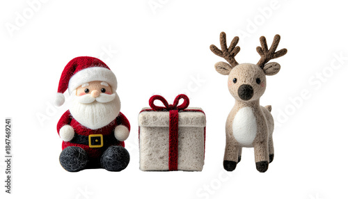 Cute Needle Felted Santa Claus and Reindeer Ornament Set