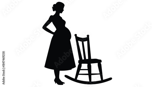 Silhouette of a pregnant woman standing next to a rocking chair.