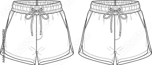Shorts technical sketch, elastic waistband, drawstring tie, side pockets, curved hem, cad drawing flat vector illustration