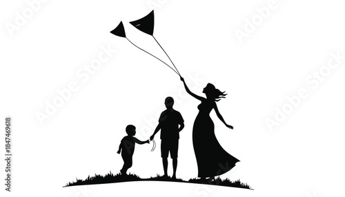 Family flying a kite on a grassy hill with a white background.
