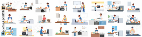 Illustrations set of young people preparing and baking homemade cookies, mixing ingredients, placing dough on trays, and using ovens in the kitchen.