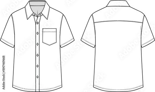 Short-sleeve button-up shirt technical sketch, front and back view, collar, chest pocket, cad drawing flat vector illustration