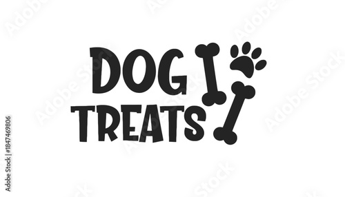 Dog treats text with paw print and bones illustration.