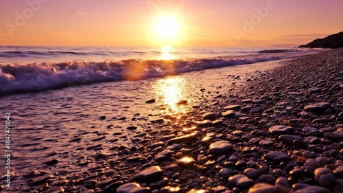 Golden Hour Serenity - Waves Kissing a Pebble Beach at Sunset.
