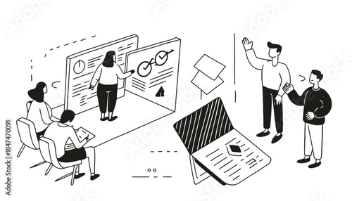 People collaborate on a project using digital interfaces and charts.