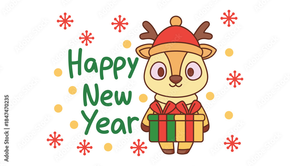 Naklejka premium Cute reindeer holding a gift box with Happy New Year text