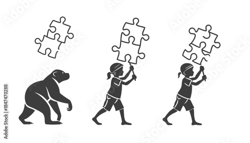 Evolution of humanity from ape to child carrying puzzle pieces.