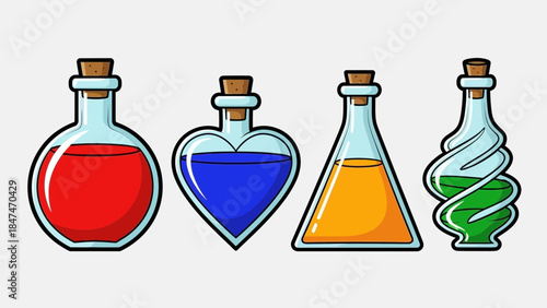 An illustration shows four colorful bottles with corks on a white background.
