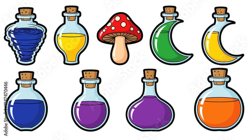 Collection of colorful potion bottles and mushroom illustration on white background