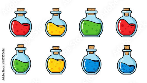An illustration of eight colorful potion bottles with corks on a white background.