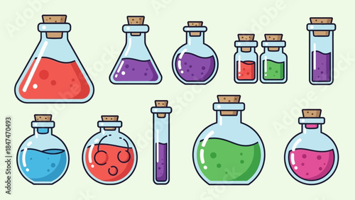 An illustration shows various colorful liquids in glass bottles and flasks on a table indoors.