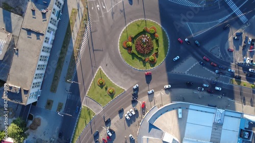 Flying over city roads full of cars with a drone