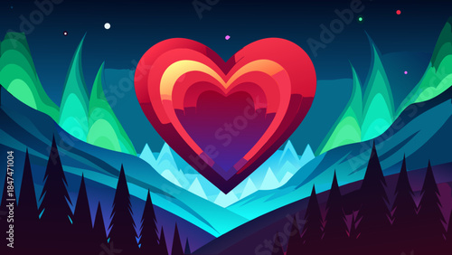 Heart shaped aurora over snowy peaks