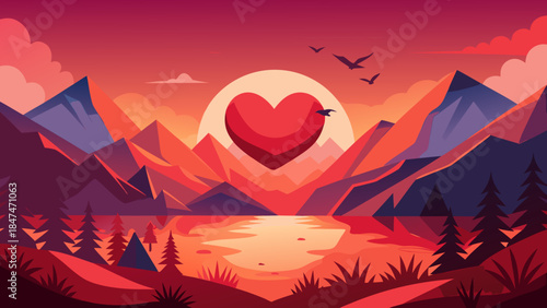 Heart shaped sunset over mountains