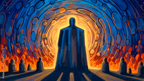 Mysterious figure surrounded by adoring crowds in an otherworldly, abstract portal setting