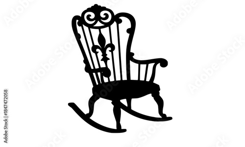 Black Silhouette of Vintage Rocking Chair, Classic Ornate Wooden Rocker Illustration, Antique Furniture Clipart Isolated on White Background, Victorian Style Design Element