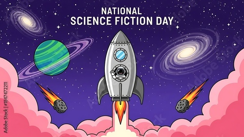 Fototapeta Naklejka Na Ścianę i Meble -  Rocket ship blasts off into space on National Science Fiction Day