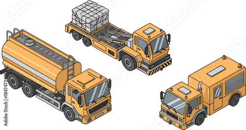 Isometric Industrial Utility Trucks Illustration Featuring Tanker, Flatbed and Service Vehicles for Construction, Logistics and Infrastructure Transport Design