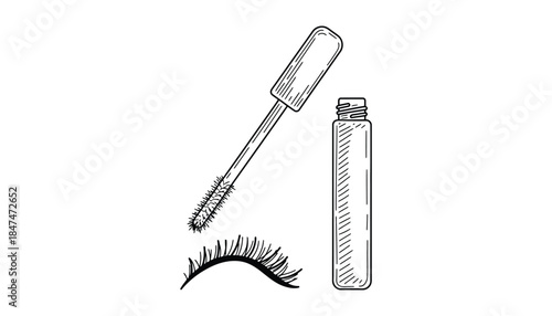 Mascara tube, wand, and false eyelashes are displayed on a white background.