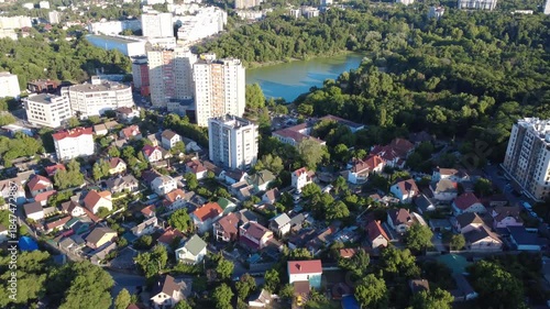 flying over city buildings with a drone