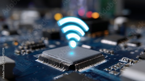 Futuristic technology concept: abstract blue circuit board with digital wireless connectivity