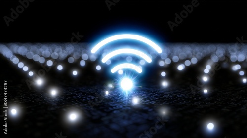 Glowing wi-fi symbol on futuristic abstract blue digital background for technology design