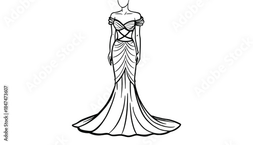 A detailed sketch of an elegant off-the-shoulder evening gown with a train.